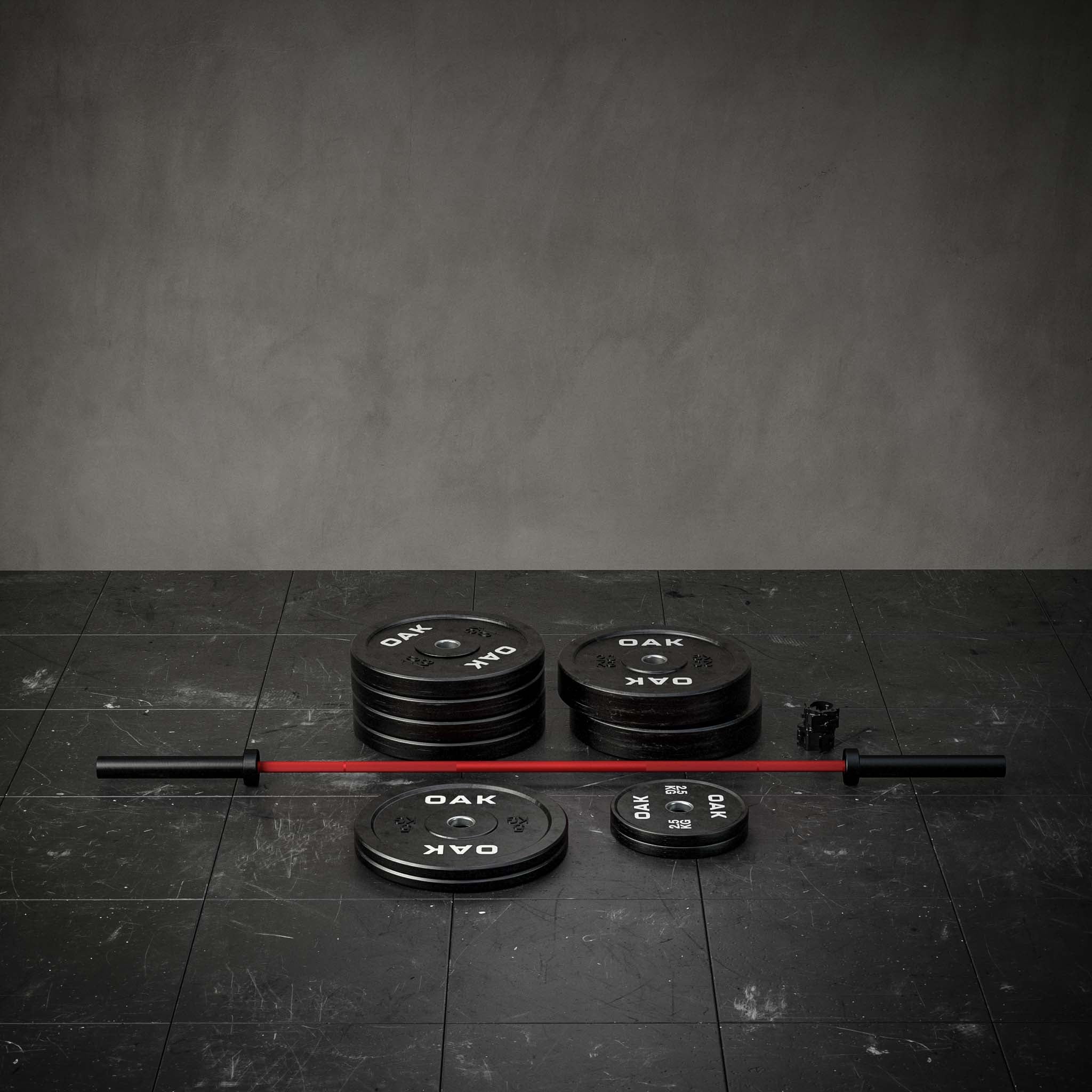 Ett skivstångsset med Crossfitstång för kvinnor och flera viktskivor
